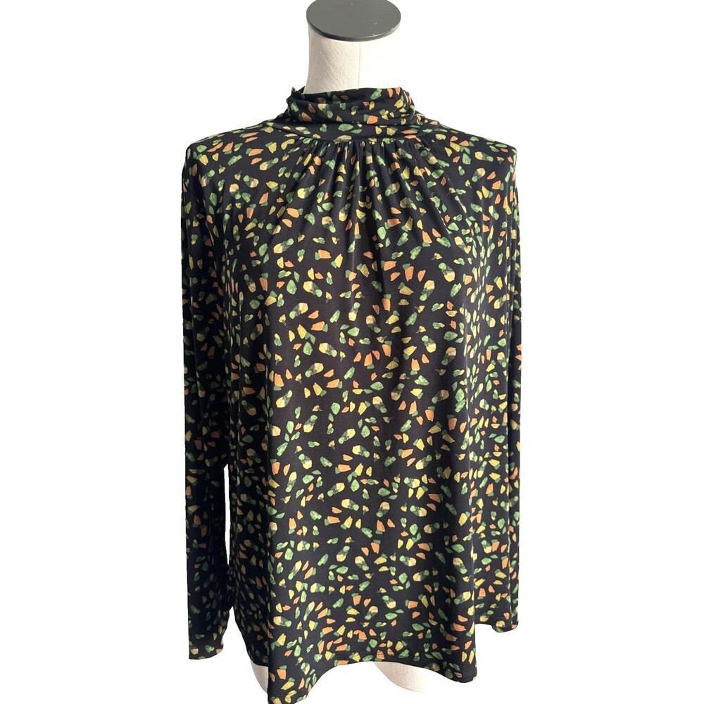 Susan Graver Liquid Knit Mock Neck Blouse Black Abstract Print Top Women's Large